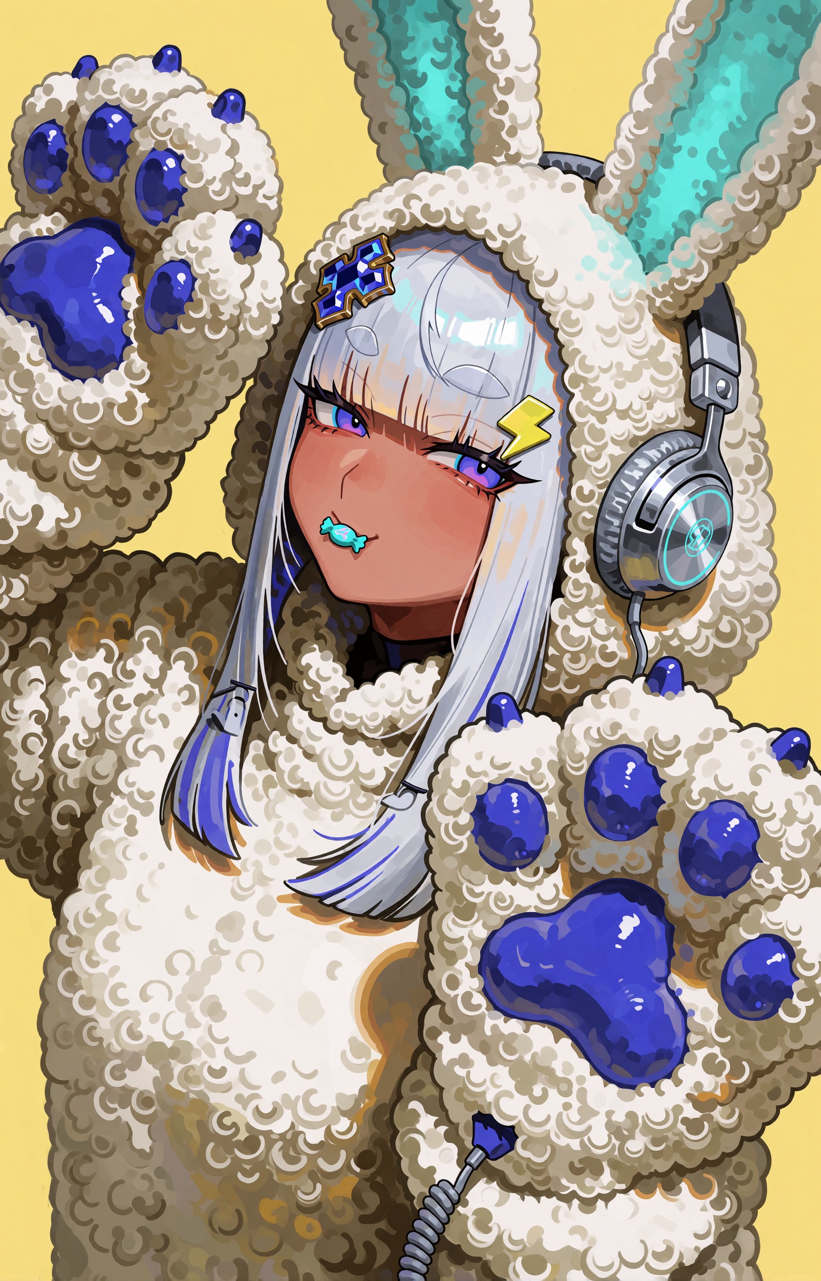 SUBJECT: An ***** woman with warm tan skin and long silver-white hair cut into blunt bangs poses as a playful bunny mascot...