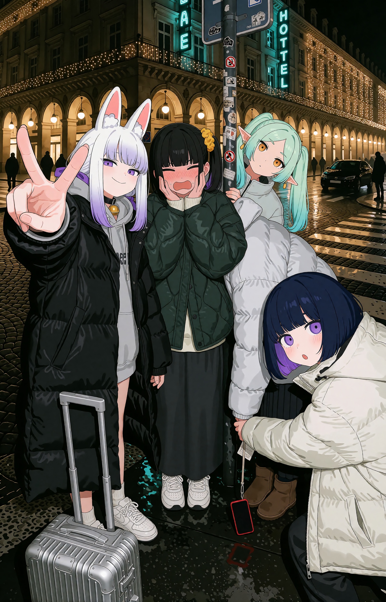 SUBJECT: Four travel-worn friends cluster on a night street corner like a snapshot that refused to wait. A white-haired gi...