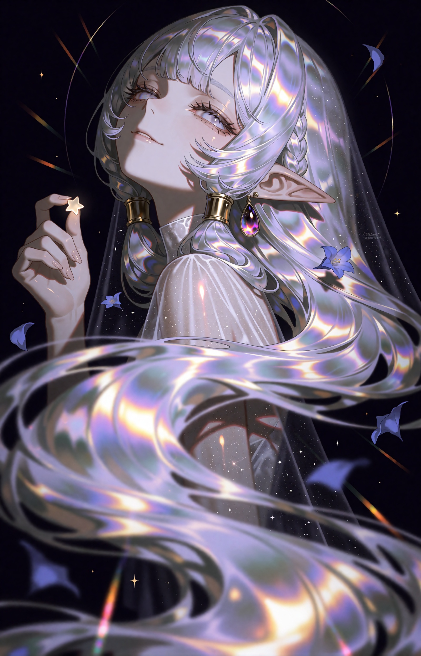 SUBJECT : An ethereal elf maiden floats in a boundless dark,  her body little more than an anchor for her hair. Pearlescen...
