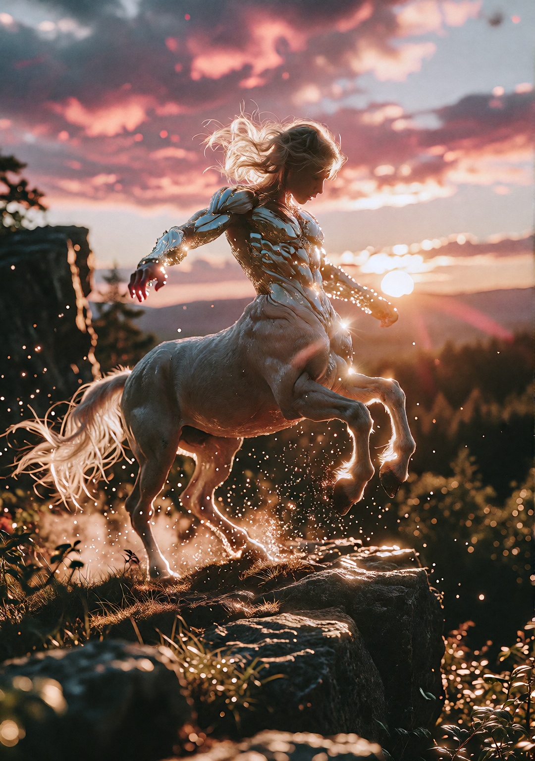Create a dynamic scene featuring a centaur standing at the edge of a cliff during a breathtaking sunset. The centaur's mus...