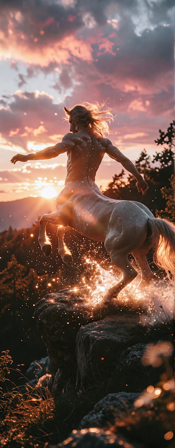 Create a dynamic scene featuring a centaur standing at the edge of a cliff during a breathtaking sunset. The centaur's mus...