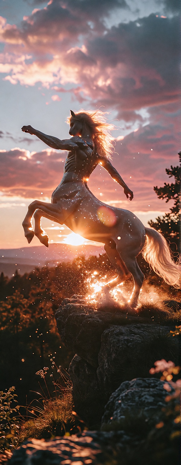Create a dynamic scene featuring a centaur standing at the edge of a cliff during a breathtaking sunset. The centaur's mus...