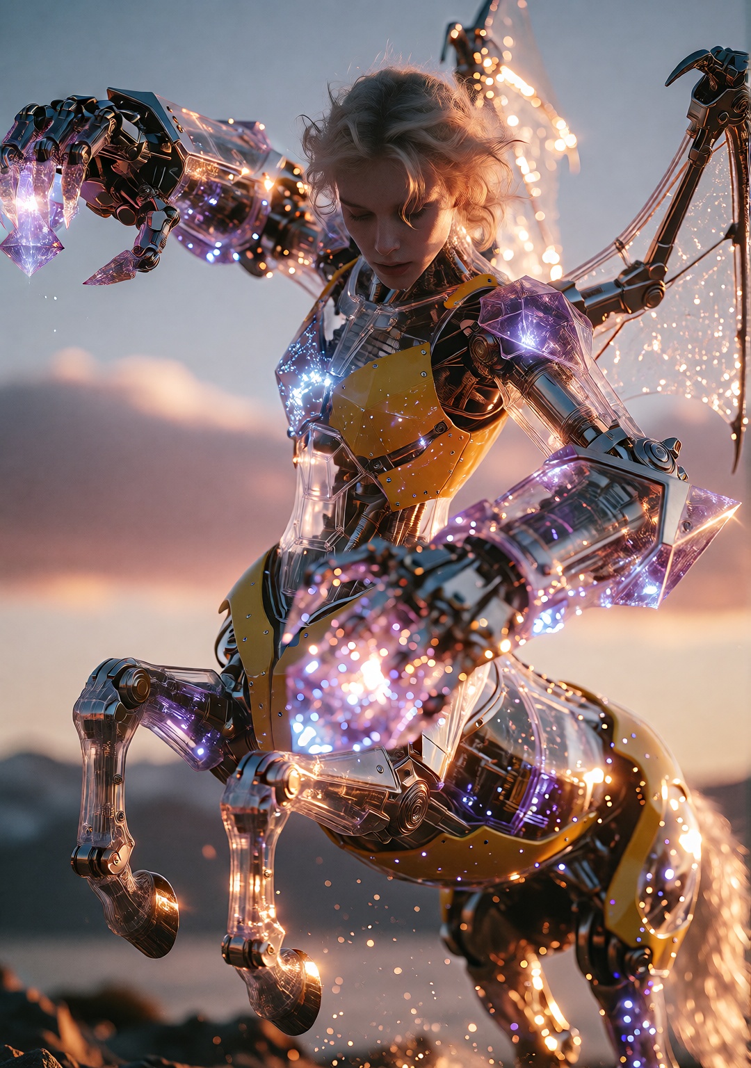 Create a realistic,  dynamic photoshoot featuring a centaur with mysterious expression. The centaur has giant rock cutter...