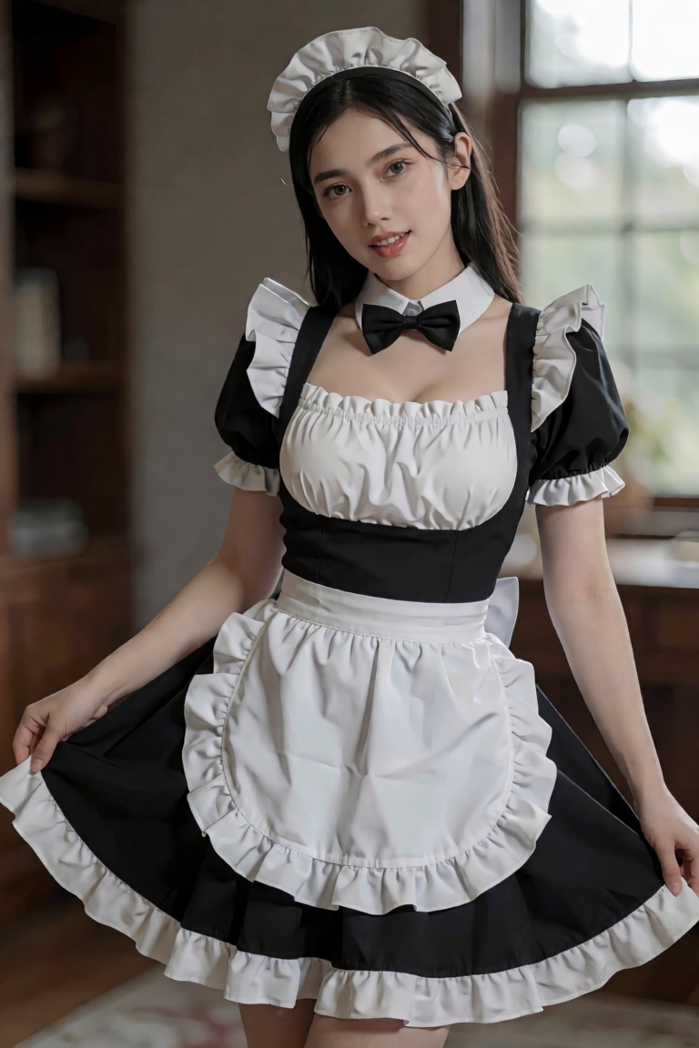 Create an 8K image with ray-traced lighting. Depict a woman standing in a dynamic pose,  wearing a black and white maid ou...