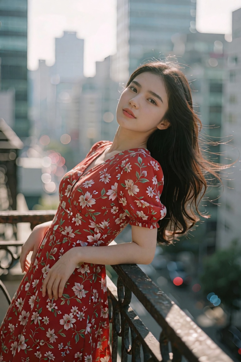 Create an elegant scene featuring a Korean girl with ethereal beauty,  dressed in a vibrant red floral dress. She leans ba...