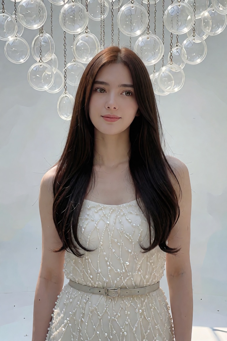 Create a serene portrait where a woman stands in front of a stark white backdrop,  her long,  straight brown hair cascadin...