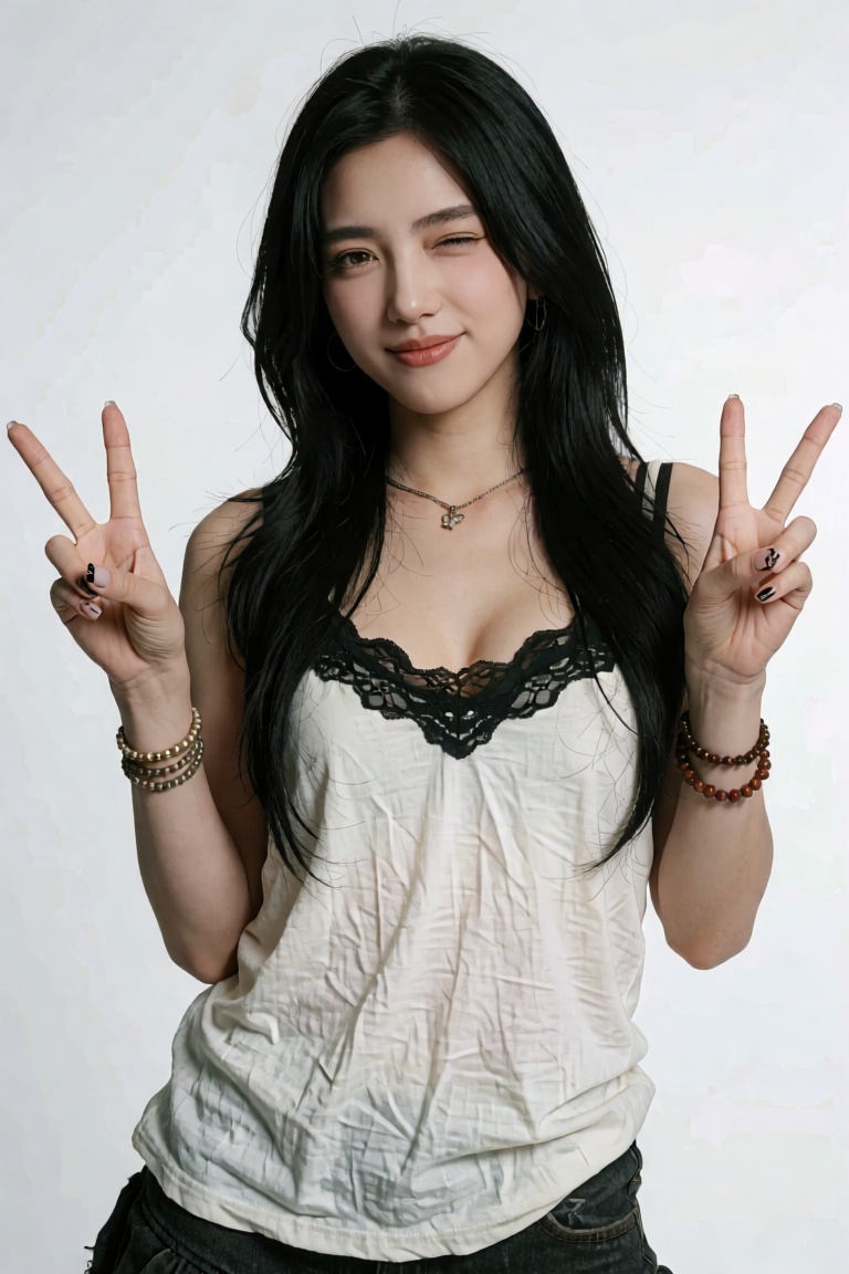 Create a high-resolution photograph of an Asian woman with long,  straight black hair styled with a center part. She has a...