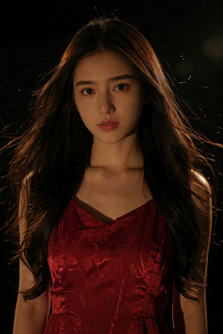 Create a cinematic scene featuring a 20-year-old woman standing against a dark backdrop,  where her long hair radiates lik...