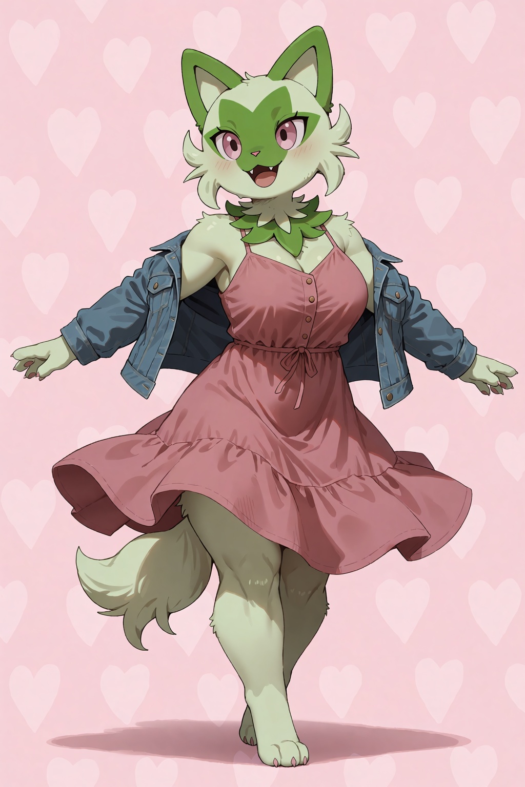 A cheerful muscular Anthro Furry Sprigatito with massive breasts wearing a dusty rose sundress and denim jacket draped ove...