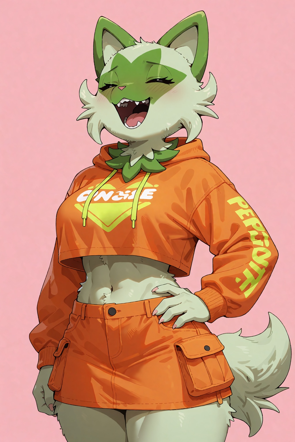 A cheerful muscular Anthro Furry Sprigatito with massive breasts wearing neon orange cropped hoodie and cargo skirt,  mid-...