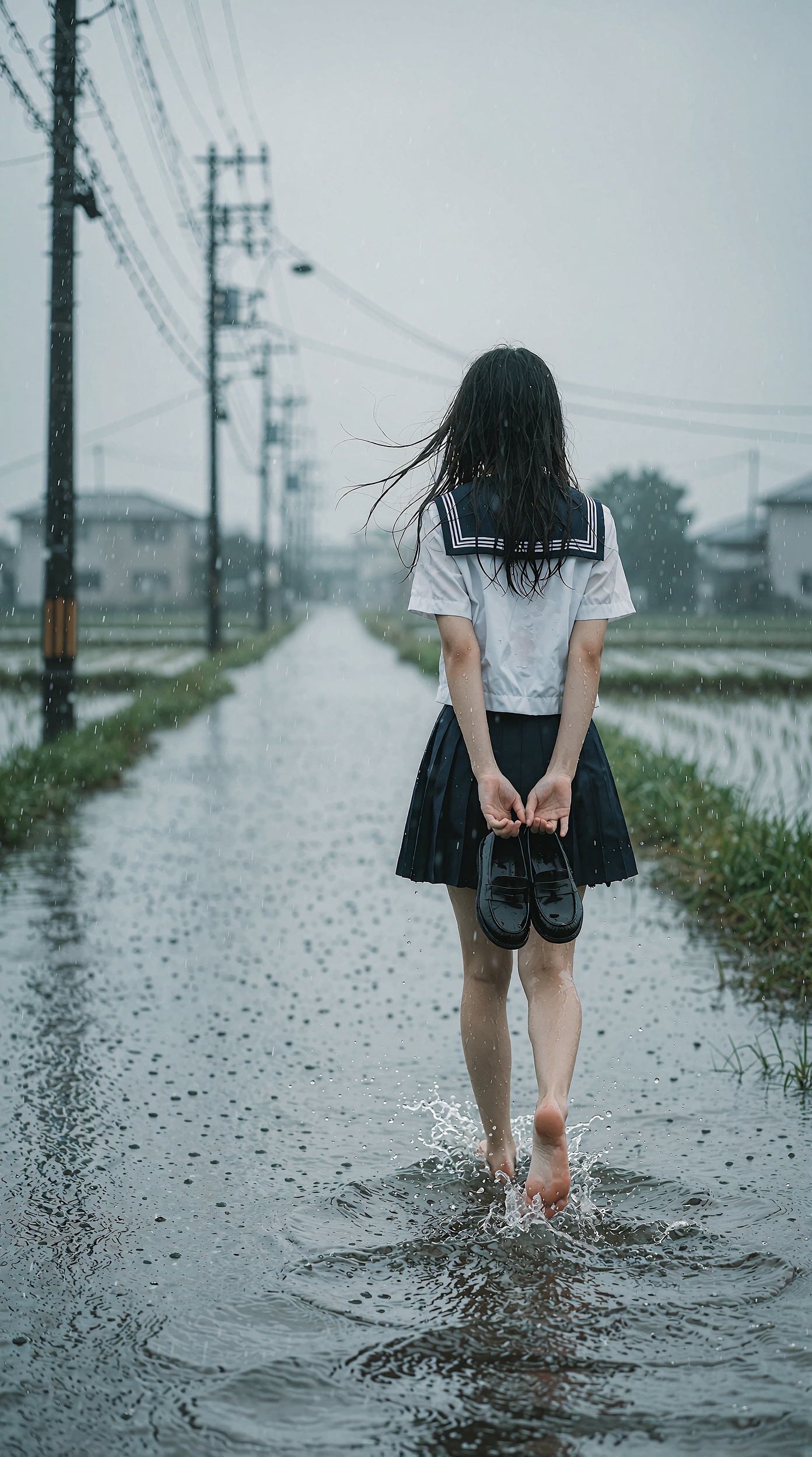 Create a photorealistic vertical image that feels like the closing scene of a Japanese indie film: on a gray,  rainy after...