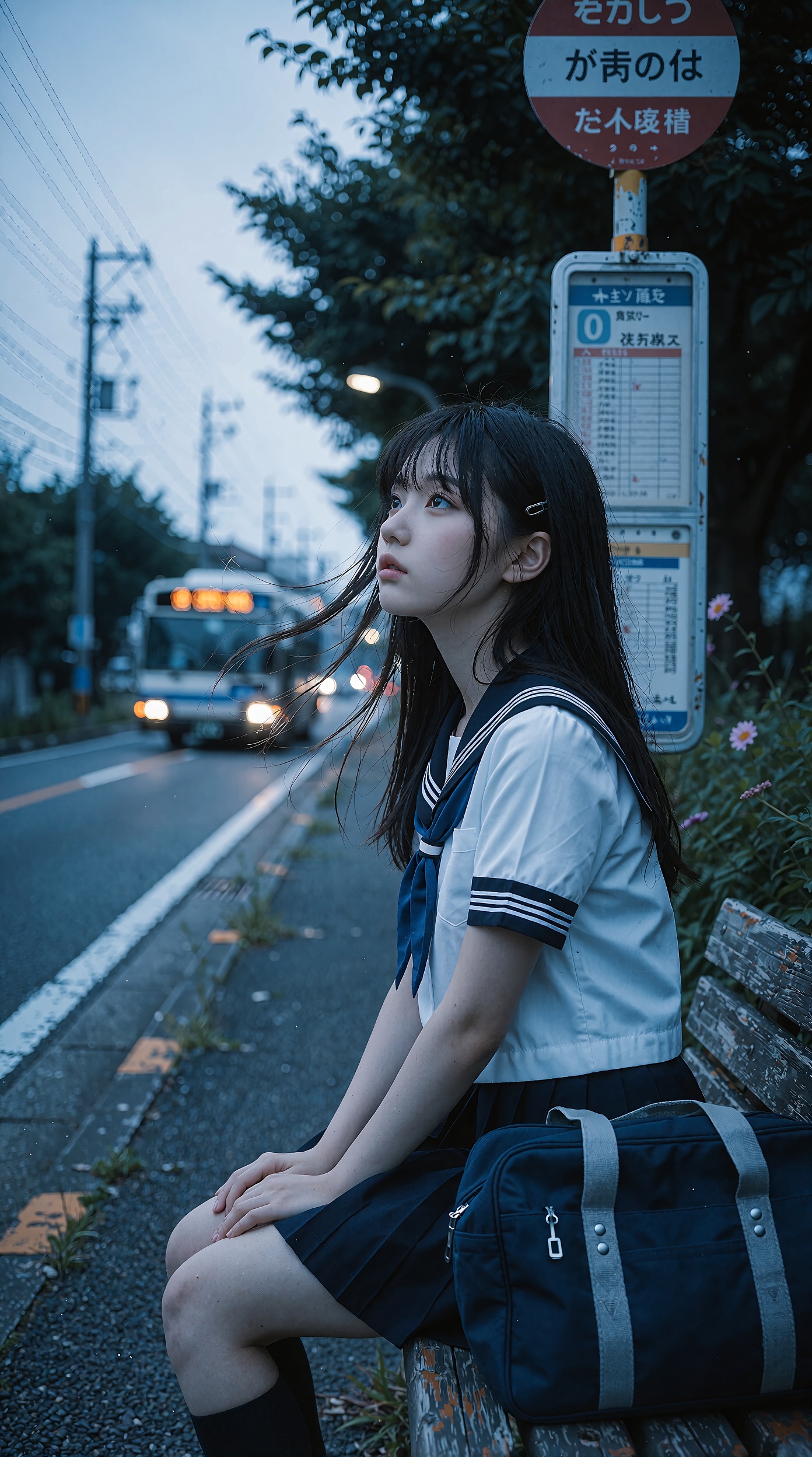 A photorealistic vertical cinematic photograph taken at blue hour at a quiet suburban bus stop in Japan,  with a lonely,...