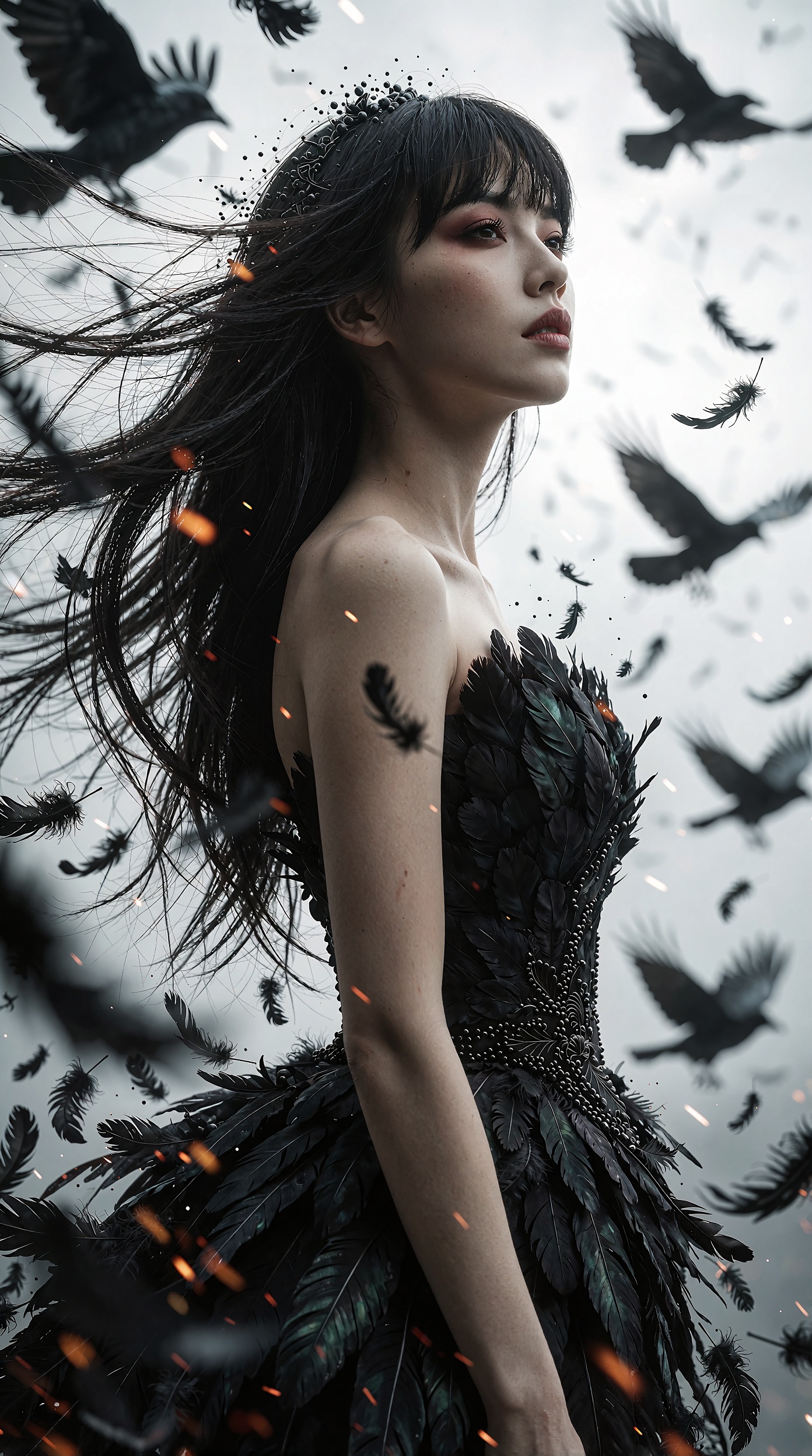 A hyper-realistic 9:16 vertical cinematic dark fantasy portrait with a melancholic,  dreamlike mood. Slightly left of cent...
