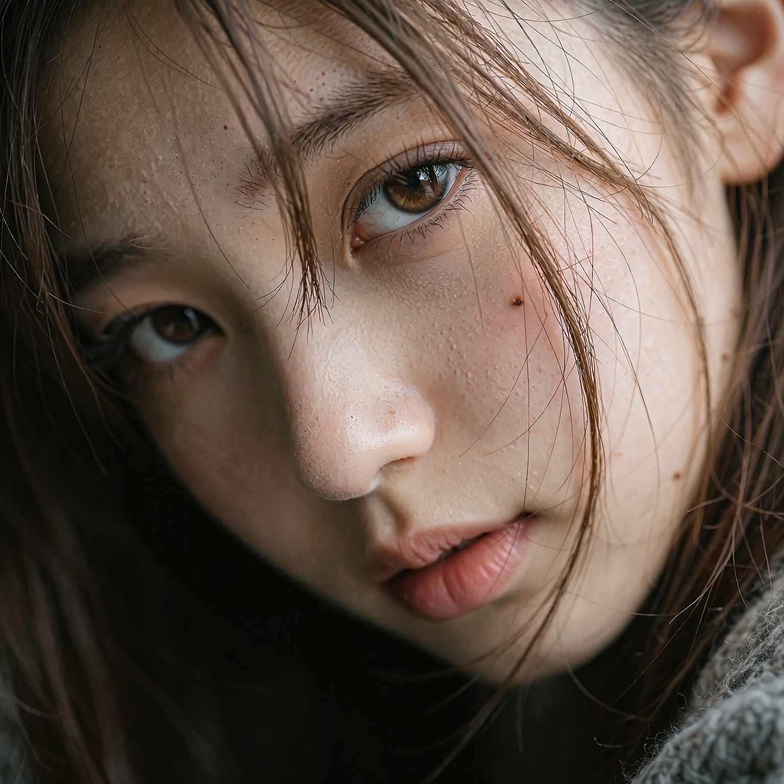 特写照片捕捉到一位年轻日本女子的脸微微向下倾斜,  她棕色的大眼睛以柔和的力度直视着观众,  淡棕色的细发部分遮住了她的脸 on Tensor.Art