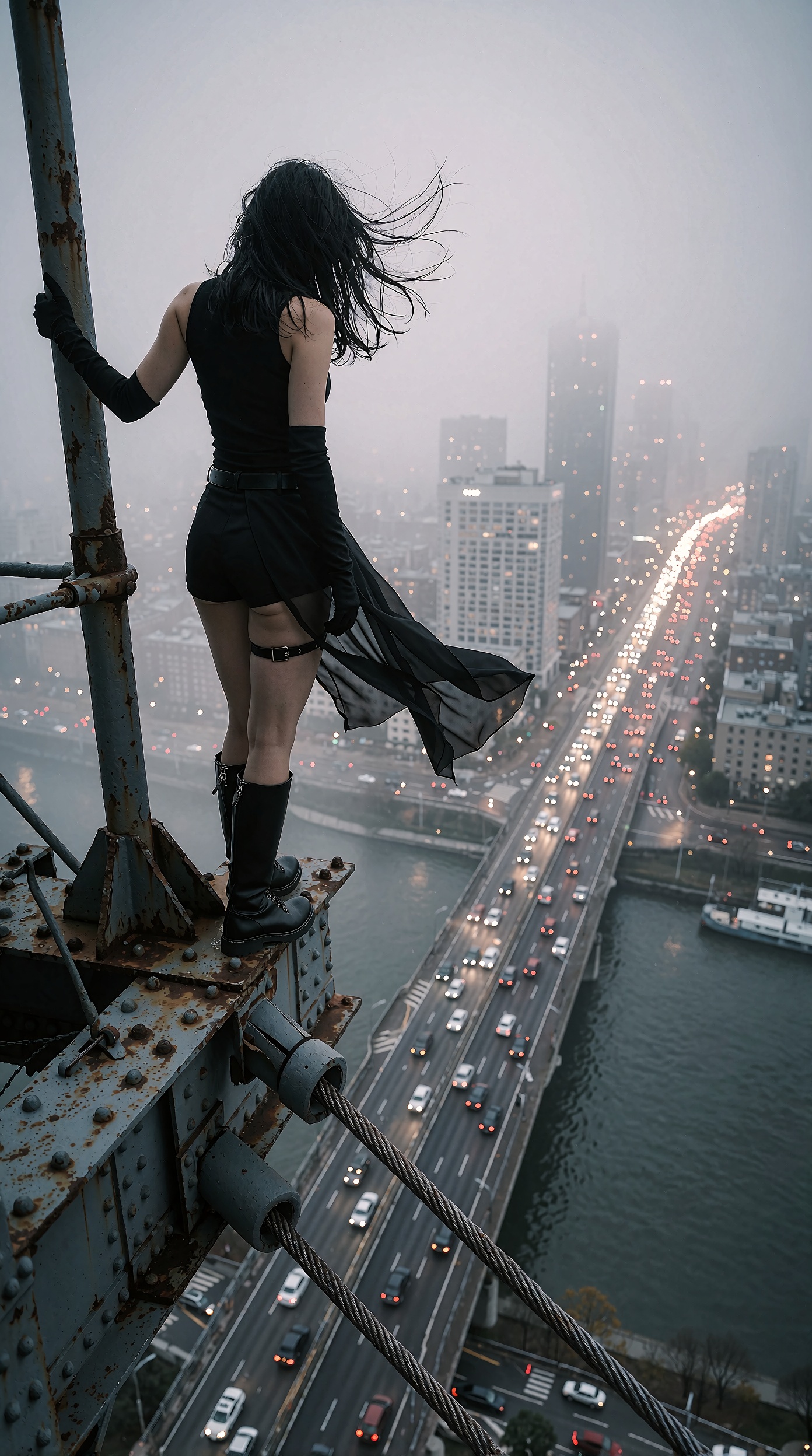 A photorealistic vertical cinematic photograph taken at dusk from a high angle,  positioned just behind and above the subj...