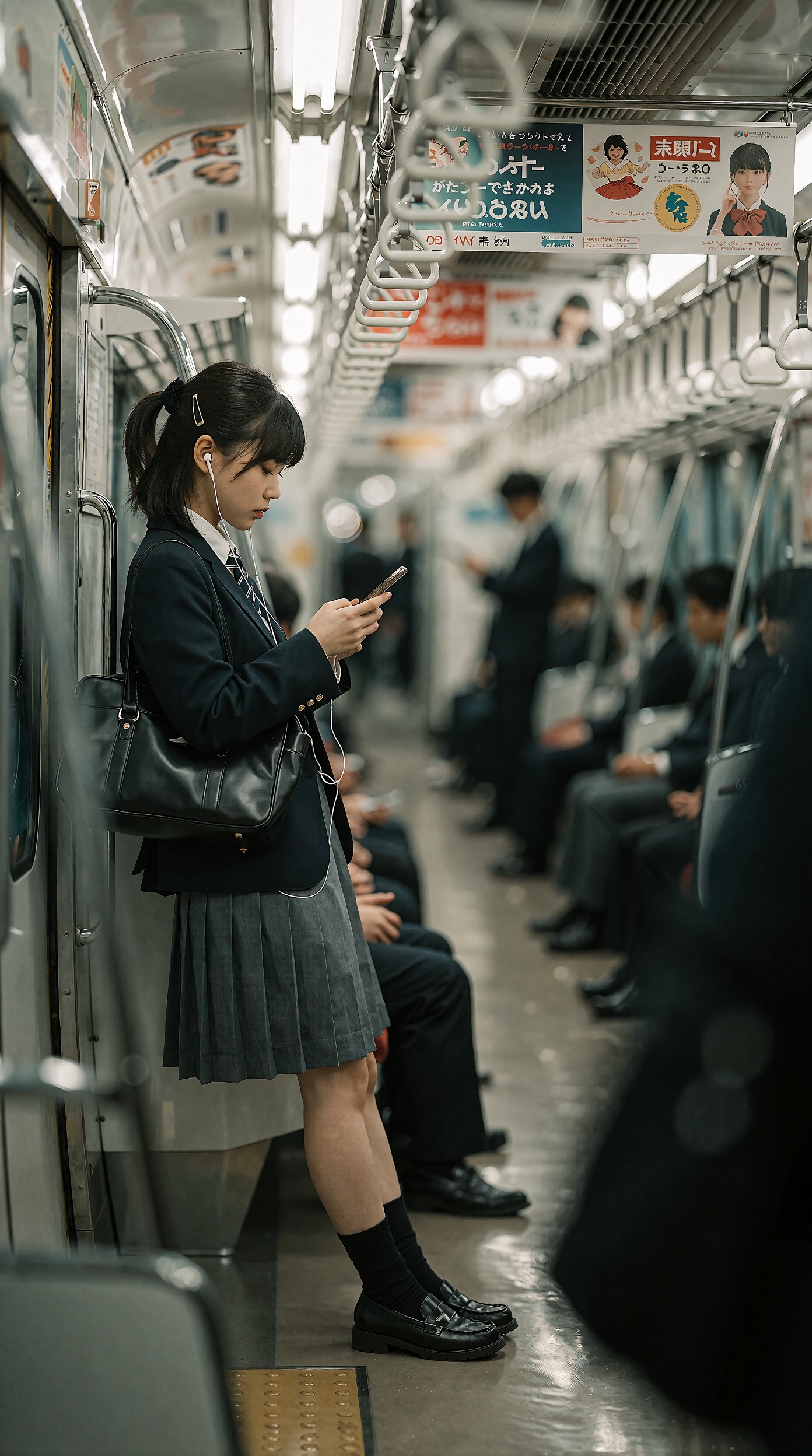 A photorealistic 9:16 vertical cinematic photograph inside a Japanese commuter train at night,  taken candidly at eye leve...