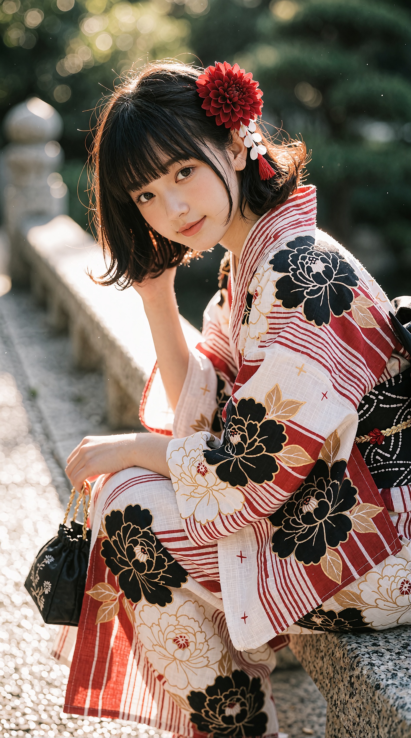 Japanese summer portrait photography,  a young woman sitting sideways on a granite stone bridge railing in a shrine garden...
