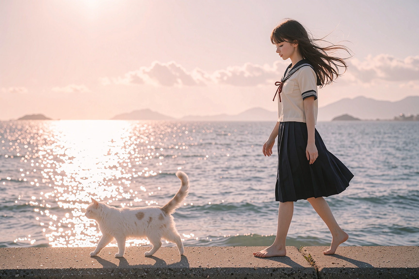 A photorealistic,  dreamy 6:5 horizontal photograph taken at golden hour by the sea,  shot from the side at eye level with...