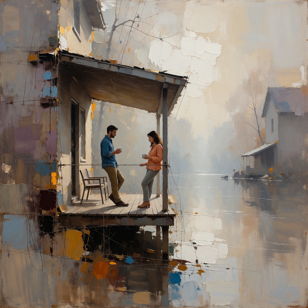 tot_art,  Riverside cottage in fall. a man in a bluejean shirt and khaki pants leans against one post of the covered deck...