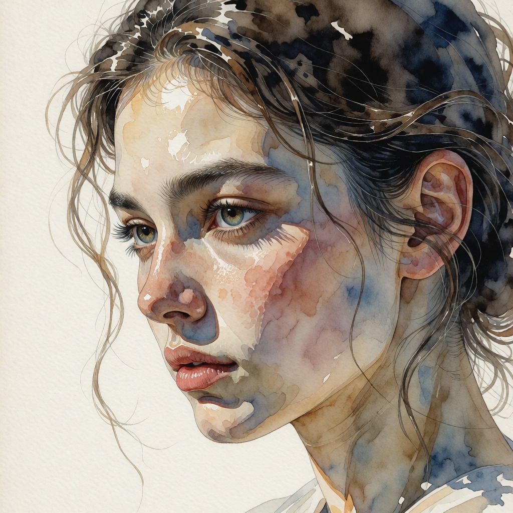 tot_art,  her gaze breaks the frame / city bends into silence / she becomes the art,  (watercolor) on Tensor.Art