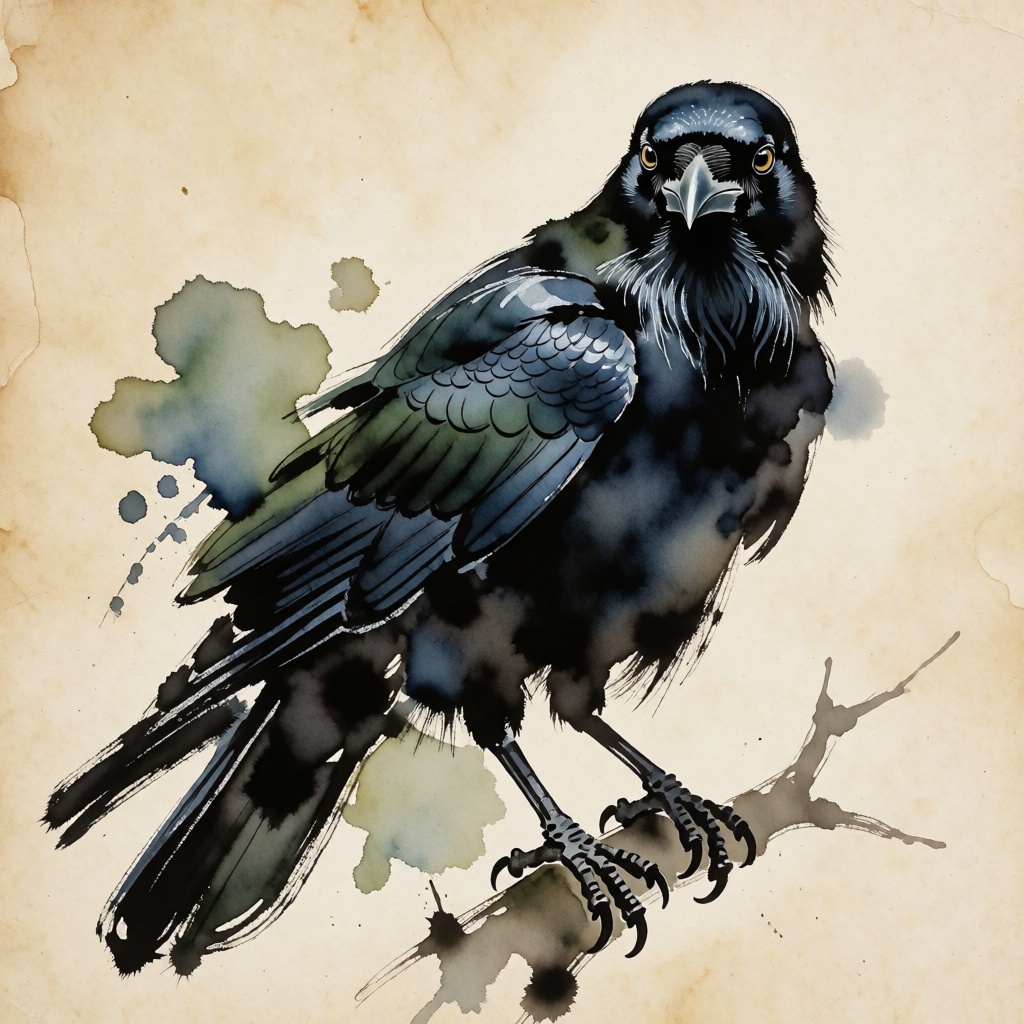 tot_art,  A colored ink wash painting of a crow,  full body on Tensor.Art