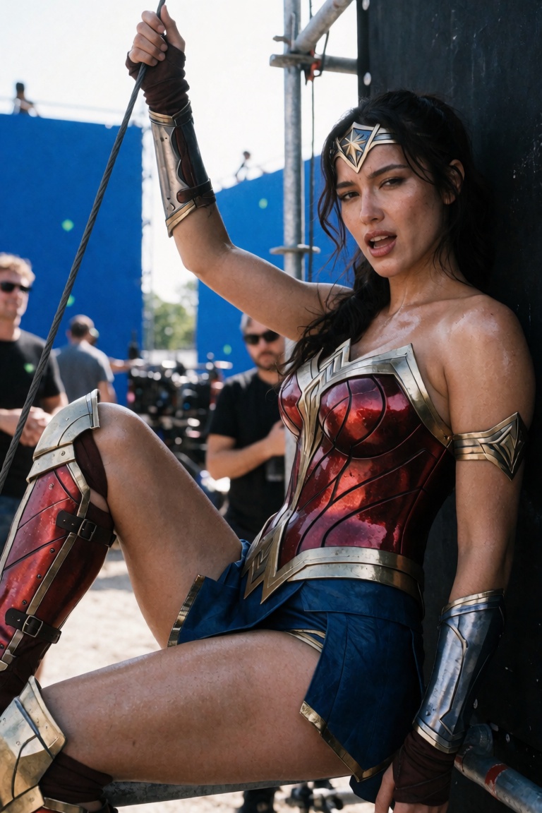 Candid documentary-style UGC behind-the-scenes smartphone snapshot of a woman in an Amazonian warrior superhero costume se...