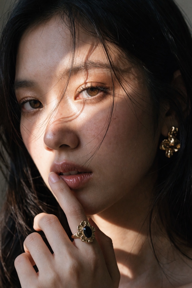 An extreme close-up beauty portrait of a young woman with dark hair and luminous hazel-brown eyes,  a diagonal band of war...