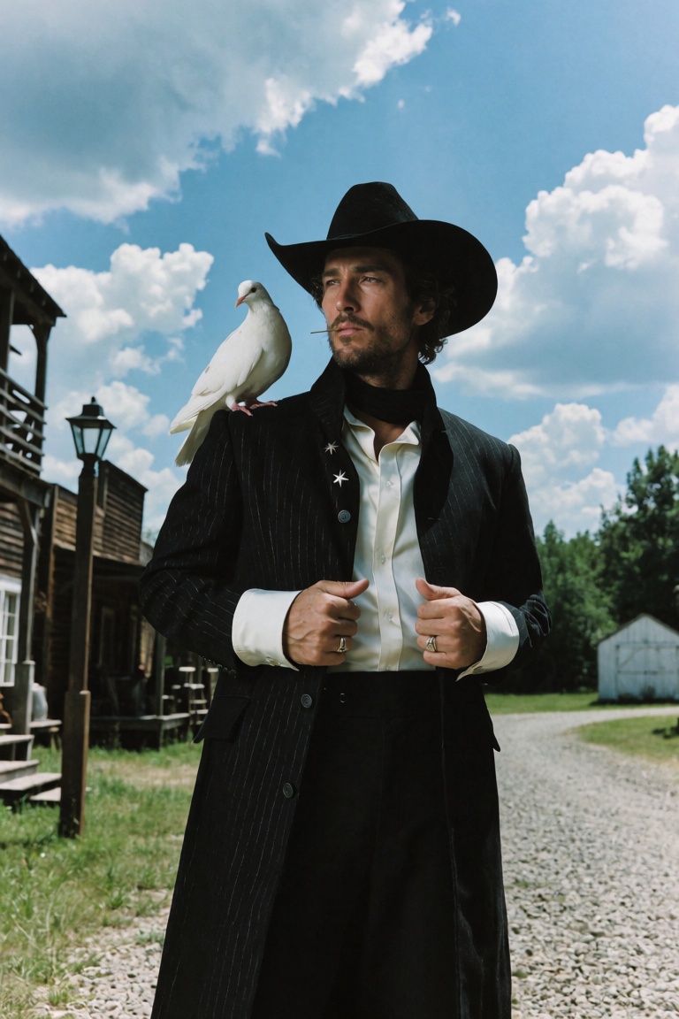 Cinematic western editorial photograph of a man standing in a western town set,  body angled slightly with head turned to...