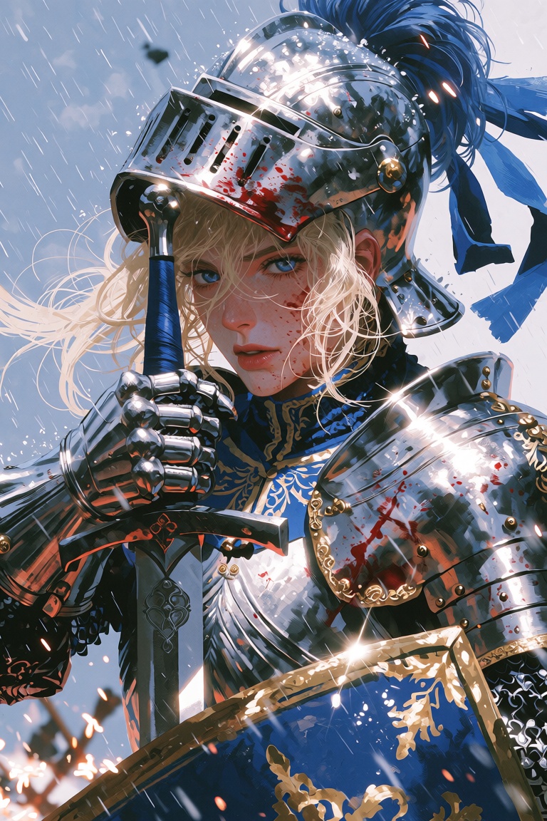 A young knight with wind-streamed blonde hair and piercing blue eyes gazes at the viewer with solemn resolve,  blood spatt...