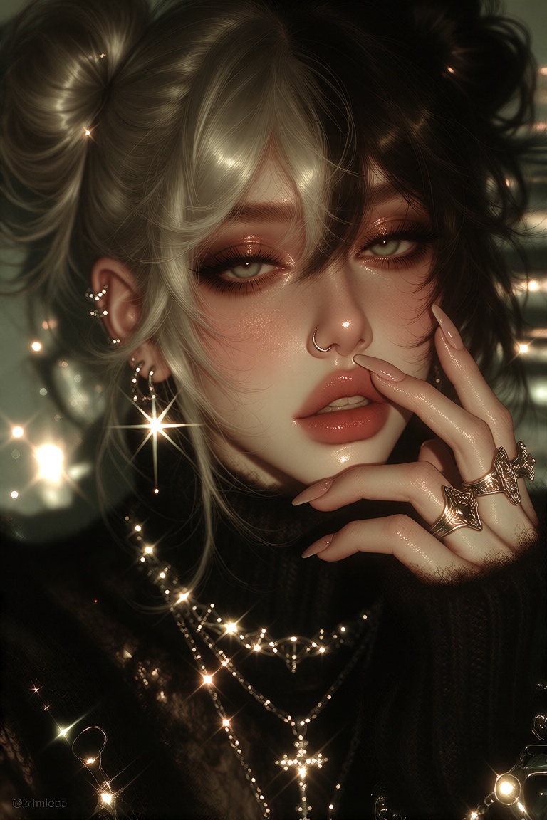 Digital artwork of a young woman with a striking,  ethereal appearance. She has long,  wavy hair on Tensor.Art