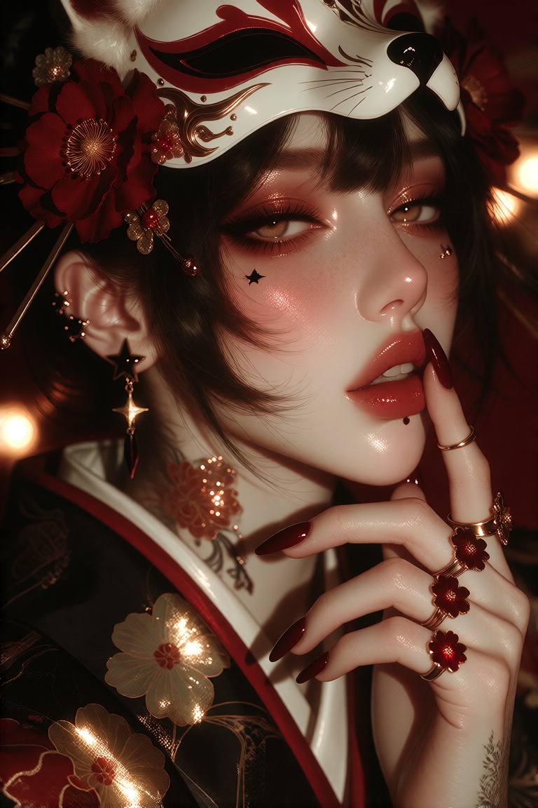 This is a highly detailed photograph of an Asian woman with pale skin and short black hair,  styled with a white and red f...