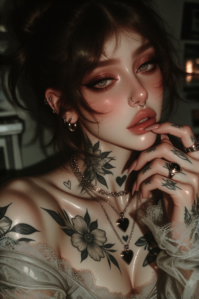 This is a highly detailed,  digital photograph of a young woman with a pale,  almost translucent skin tone. She has dark b...