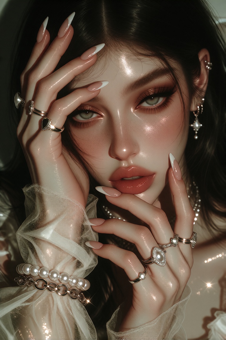 This is a highly detailed,  digital photograph of a young woman with a fair,  almost porcelain-like skin tone and long on...
