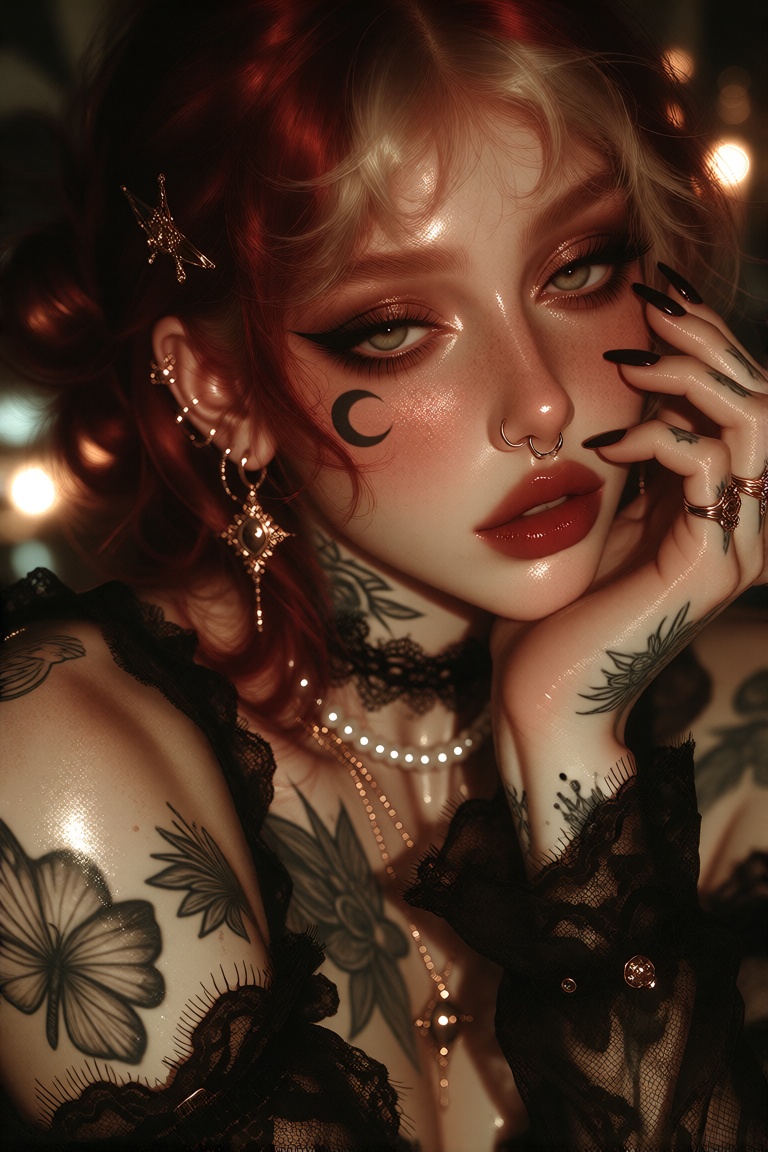 This is a highly detailed,  digital photograph of a young woman with a striking,  alternative appearance. She has a pale o...