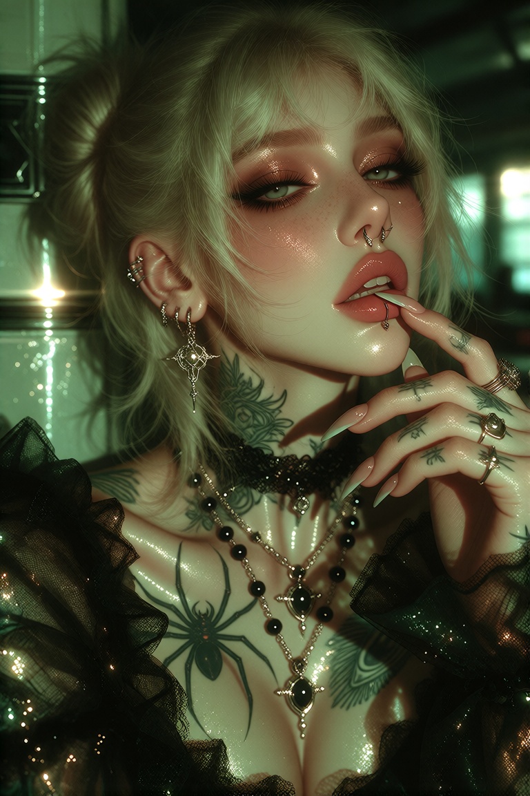 Photograph of a pale-skinned,  blonde woman with messy hair,  wearing green on Tensor.Art