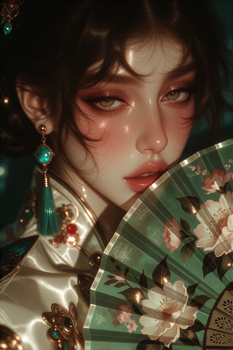 This is a digital illustration in a hyper-realistic style featuring a woman with fair skin,  delicate pink blush on her ch...