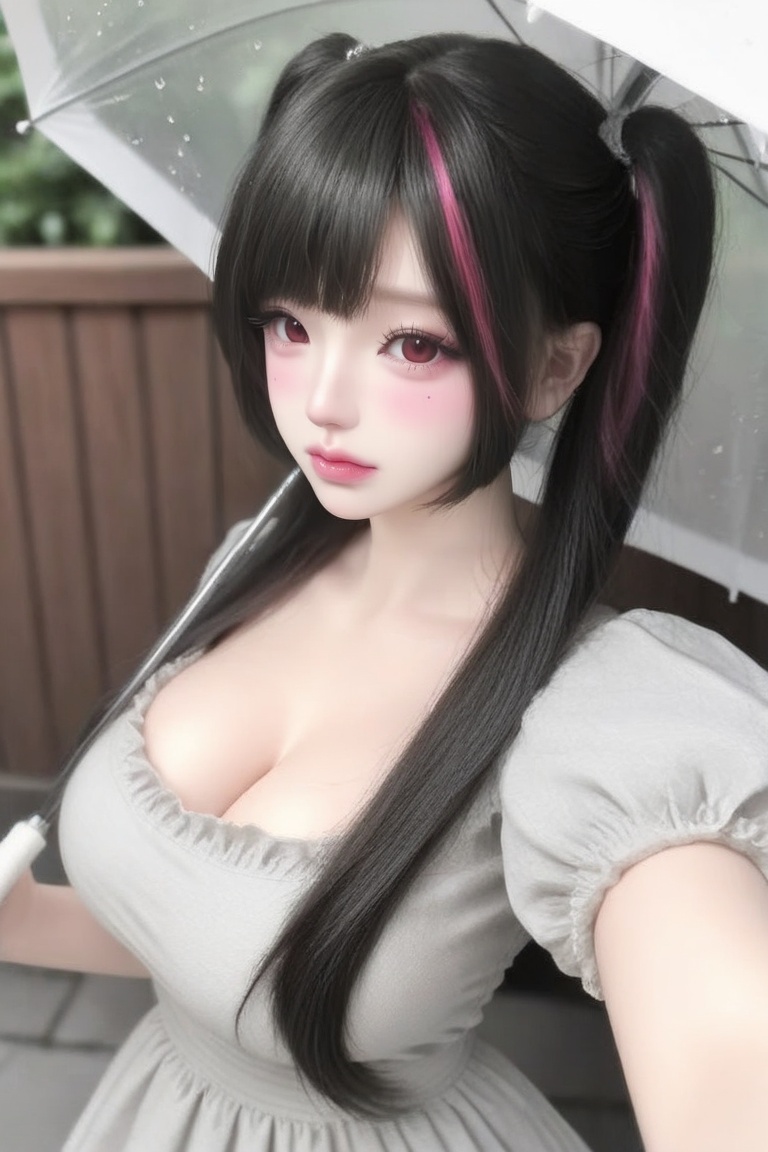 Close-up selfie of a young huge breasts woman. Angle: High-angle shot through a rain-streaked umbrella. Pose: Holding a tr...