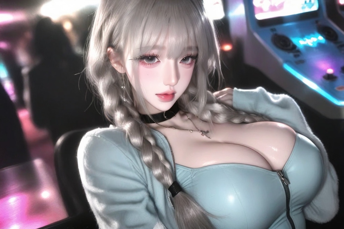 Waist-up portrait of a gorgeous young huge breasts woman exuding a playful and mischievous Douyin aesthetic. Angle: Eye-le...