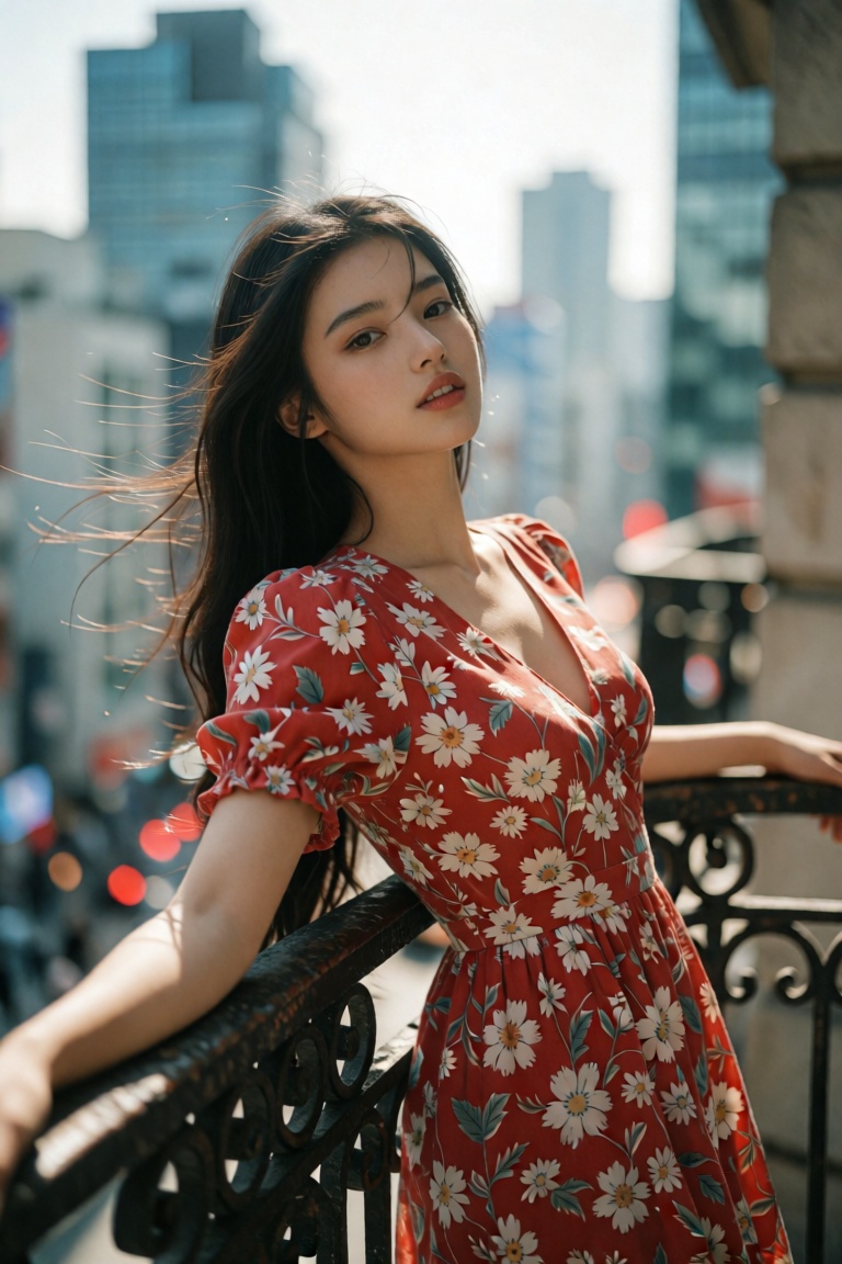 Create an elegant scene featuring a Korean girl with ethereal beauty,  dressed in a vibrant red floral dress. She leans ba...