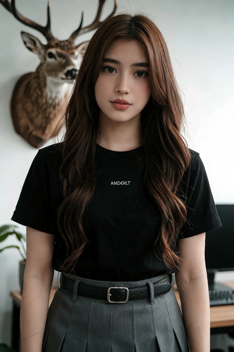 a young woman with long brown hair,  wearing a black short-sleeved t-shirt with the word "ANDGILT" printed in white on the...