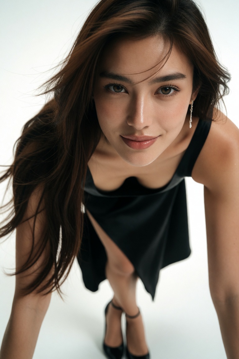 A captivating portrait of a 30-year-old woman with long,  luscious brown hair and piercing brown eyes. She stands with leg...