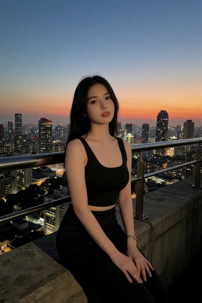 Create a serene scene where a young woman with fair skin and straight black hair sits serenely on a concrete ledge,  her n...