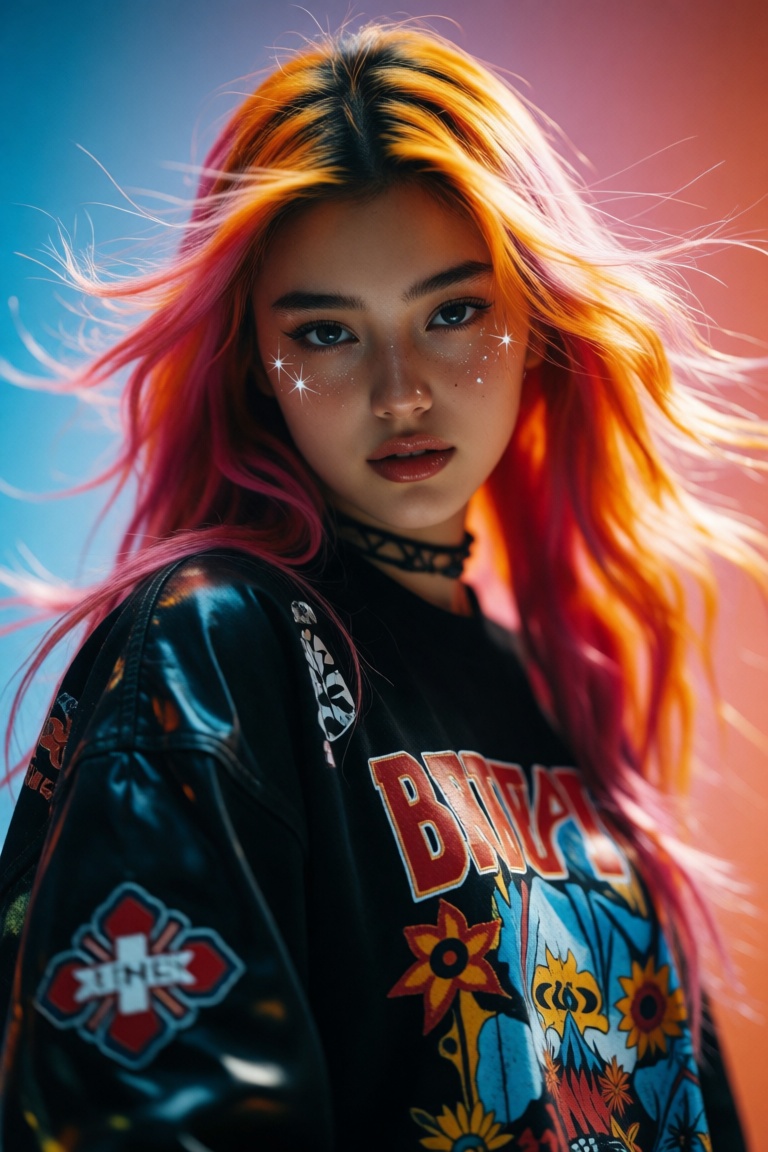 A surreal masterpiece unfolds as a stunning young woman with vibrant,  flowing hair and dark attire gazes directly at the...