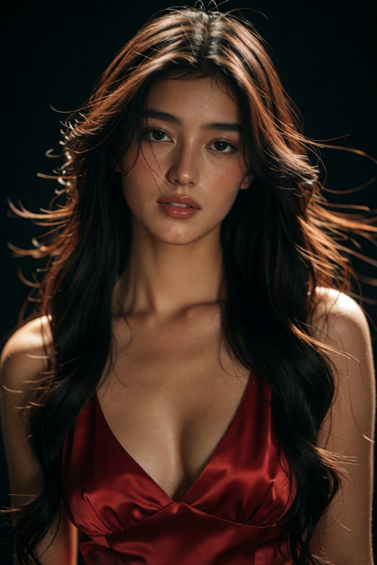 Create a cinematic scene featuring a 20-year-old woman standing against a dark backdrop,  where her long hair radiates lik...