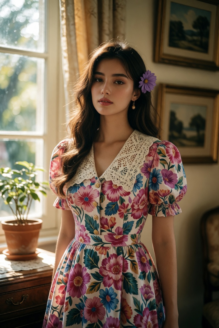 Create an image that captures a young woman standing indoors,  dressed in a vibrant floral dress with a white lace collar...