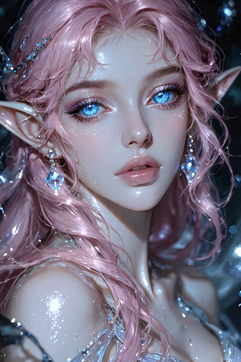 A hyper-detailed digital portrait of a beautiful female fairy elf,  She has closed lips and an ethereal,  serene facial ex...