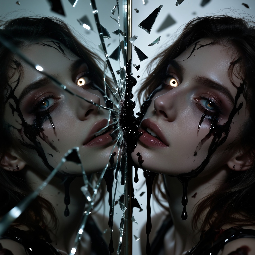 1girl,  ***** woman,  pressing one palm against a cracked mirror on Tensor.Art