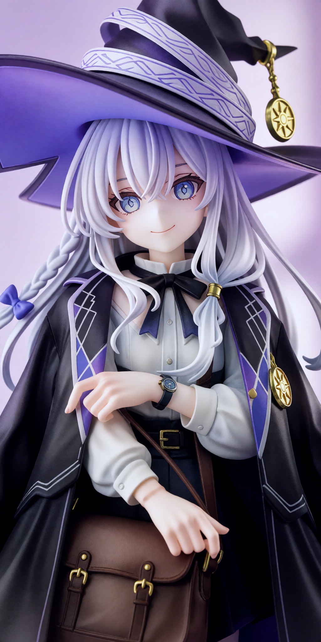a female anime-style figure with long,  flowing silver-white hair styled in loose waves and two braided pigtails tied with...