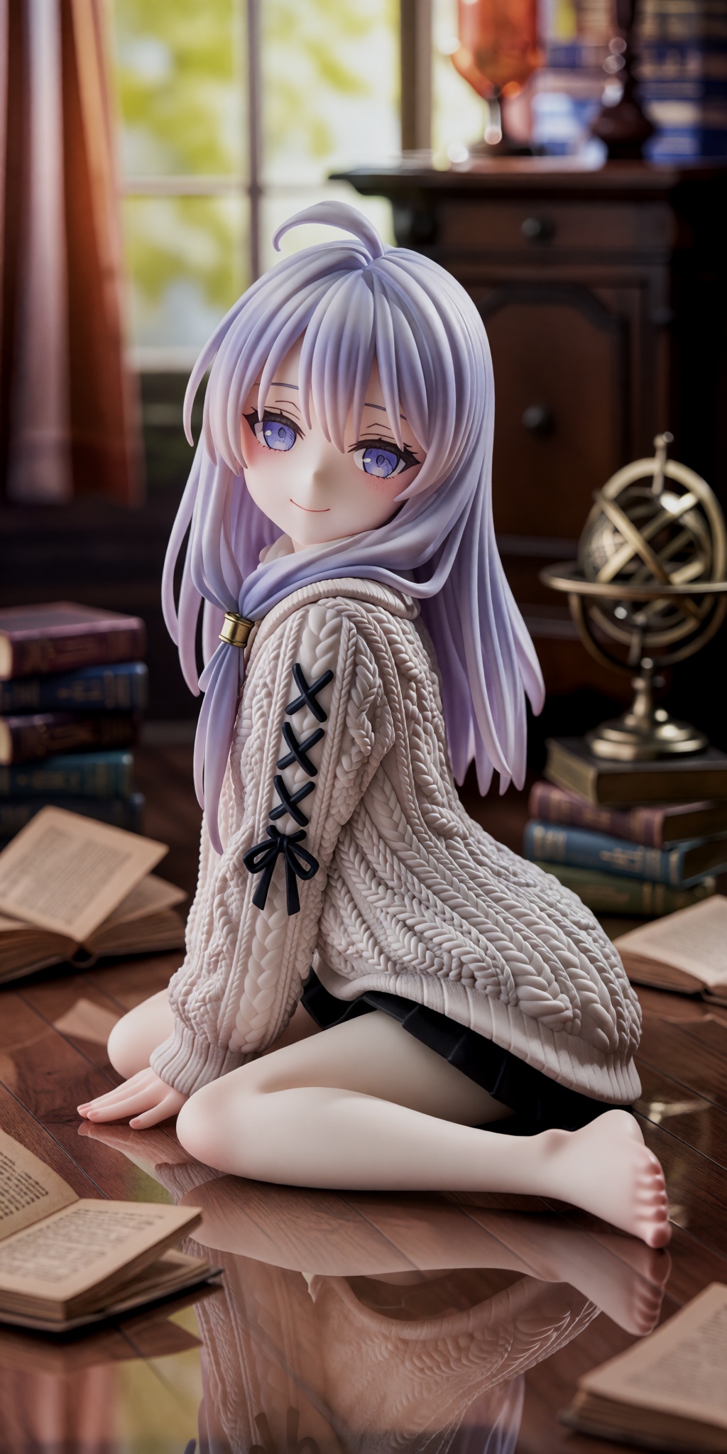a young female figure with a slender,  delicate build is seated cross-legged on a polished wooden floor,  her posture rela...