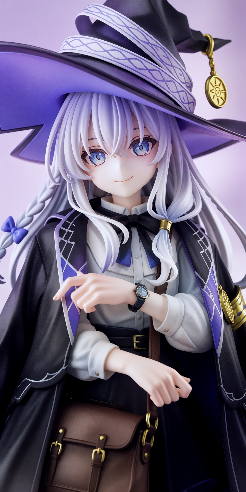 a female anime-style figure with long,  flowing silver-white hair styled in loose waves and two braided pigtails tied with...